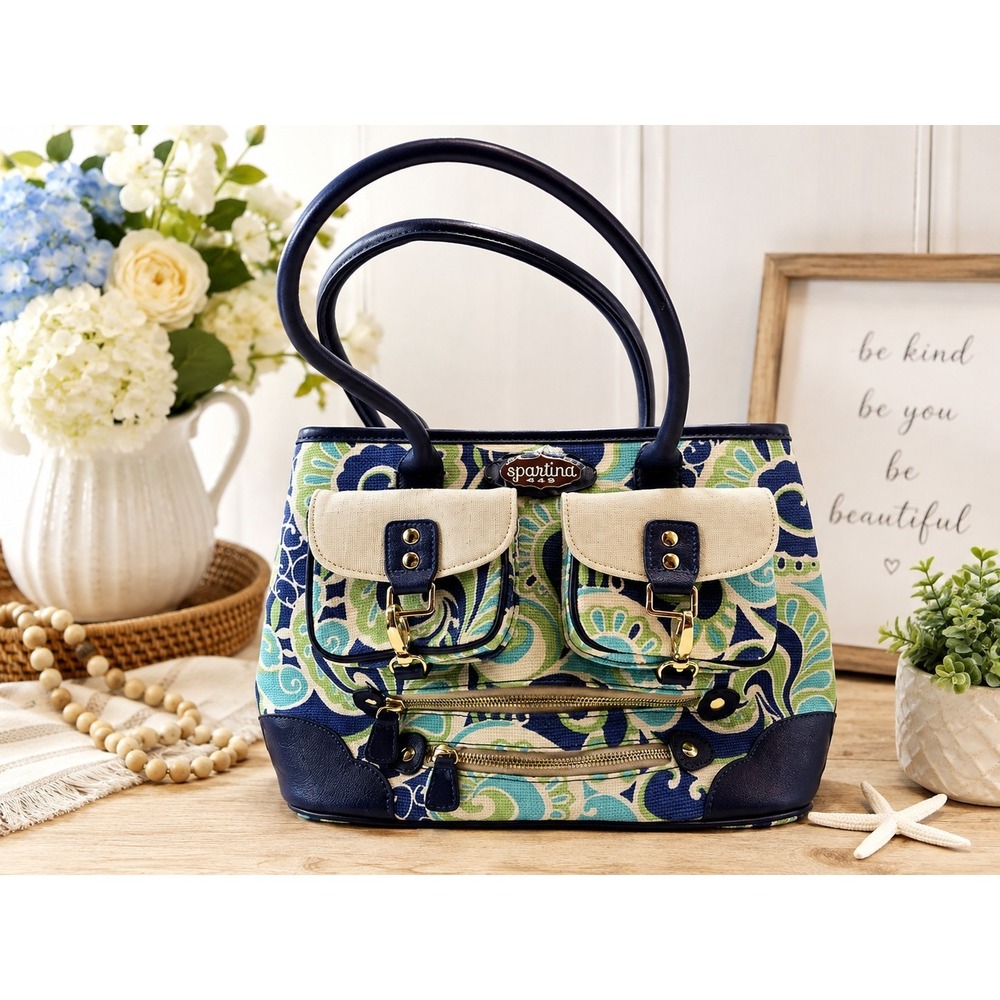 Spartina 449 Floral Paisley Canvas Satchel Tote Handbag Navy Blue Coastal Preppy
